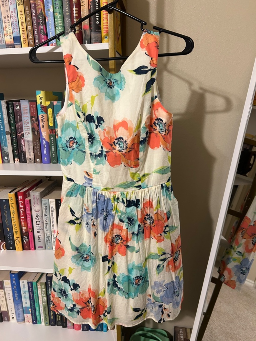 Womens Floral Sleeveless Dress - Cream with Coral & Teal Flowers